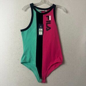 Fila bodysuit sz L alana Colorblocked  black pink green logo spellout NEW